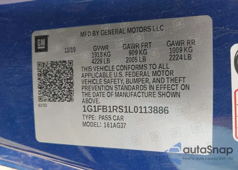 2020 Chevrolet Camaro Ls/Lt z USA, uszkodzony, nr VIN 1G1FB1RS1L0113886